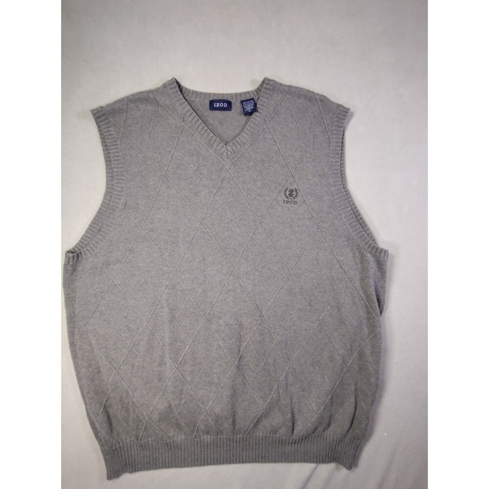 IZOD Mens XL Gray Diamond Knit V-Neck Sweater Vest Cotton Preppy Grandpacore